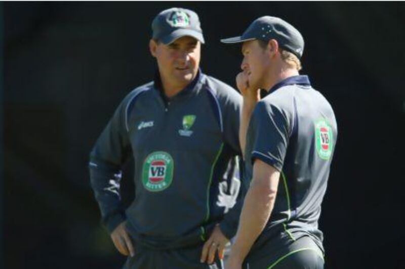 Under the cosh, George Bailey, right, and coach Mickey Arthur have their thinking caps on during a nets session at Edgbaston. Michael Steele / Getty Images