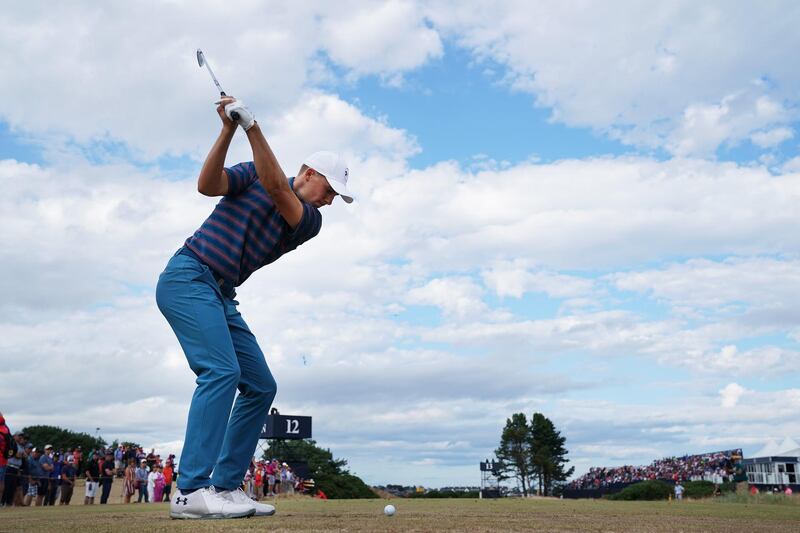 CARNOUSTIE, SCOTLAND - JULY 22:  Jordan Spieth of the United States plays his shot from the 13th tee during the final round of the 147th Open Championship at Carnoustie Golf Club on July 22, 2018 in Carnoustie, Scotland.  (Photo by Stuart Franklin/Getty Images)