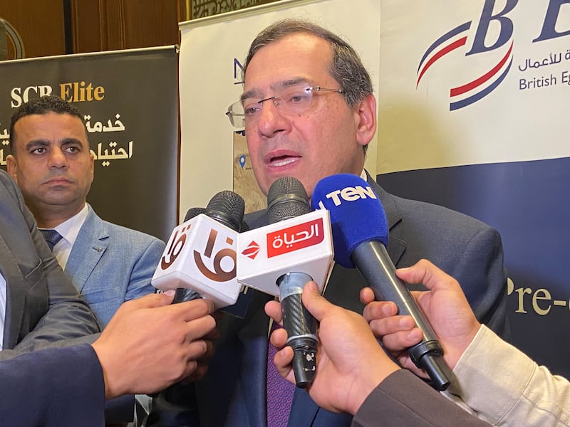 Egyptian minister Tarek El Molla speaks to reporters after a British Egyptian Business Association event in Cairo. Nada El Sawy / The National