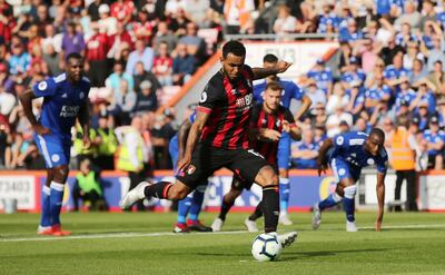 Bournemouth's Joshua King scores his side's third goal of the game from a penalty, during the English Premier League soccer match between Bournemouth and Leicester City at the Vitality Stadium, in Bournemouth, England, Saturday, Sept. 15, 2018. (Mark Kerton/PA via AP)