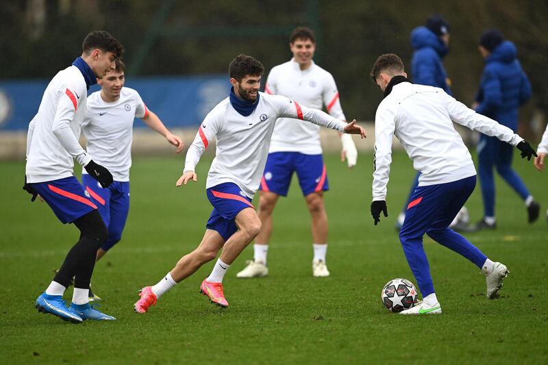 COBHAM, ENGLAND - FEBRUARY 22: Kai Havertz and Christian Pulisic of Chelsea during a training session at Chelsea Training Ground on February 22, 2021 in Cobham, England. (Photo by Darren Walsh/Chelsea FC via Getty Images)