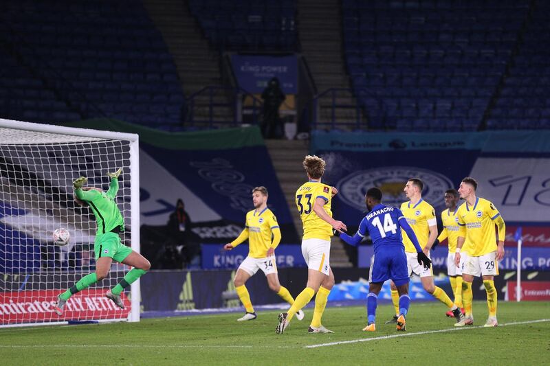 LEICESTER, ENGLAND - FEBRUARY 10: Kelechi Iheanacho of Leicester City scores his team's first goal past Christian Walton of Brighton & Hove Albion during The Emirates FA Cup Fifth Round match between Leicester City and Brighton And Hove Albion at The King Power Stadium on February 10, 2021 in Leicester, England. Sporting stadiums around the UK remain under strict restrictions due to the Coronavirus Pandemic as Government social distancing laws prohibit fans inside venues resulting in games being played behind closed doors. (Photo by Alex Pantling/Getty Images)