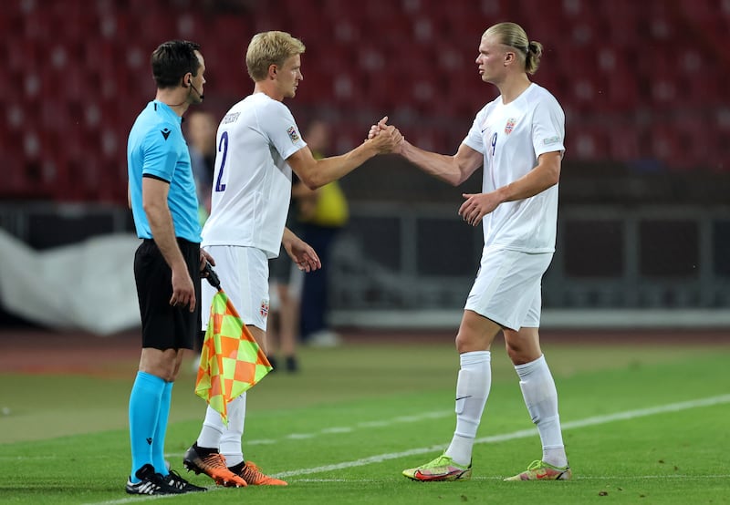 Erling Haaland of Norway is replaced by Morten Thorsby. Getty Images