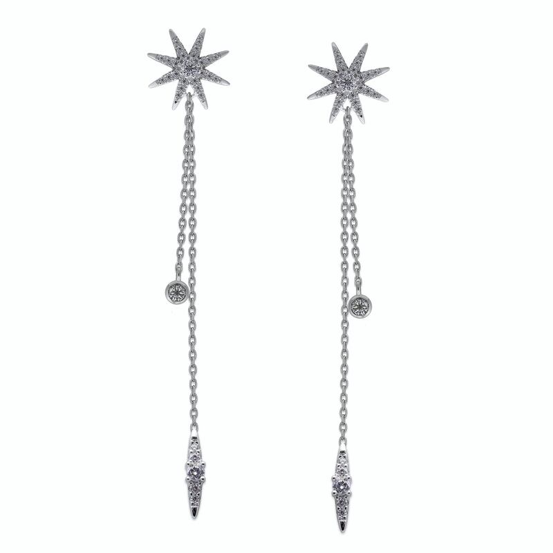 Nova Earrings hand-made in a white gold finish and set in sterling silver from Carat London; Dh520