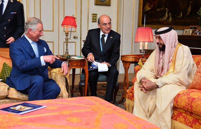 LONDON, ENGLAND - MAY 01:  Prince Charles, Prince of Wales meets with President of the United Arab Emirates, Sheikh Khalifa bin Zayed Al Nahyan during his visit to Clarence House on May 1, 2013 in London, England. The President of the United Arab Emirates is paying a two-day State visit to the United Kingdom, staying in Windsor Castle as the guest of Her Majesty The Queen from April 30, 2013 to May 1, 2013.  (Photo by John Stillwell - WPA Pool/Getty Images) *** Local Caption ***  167842781.jpg