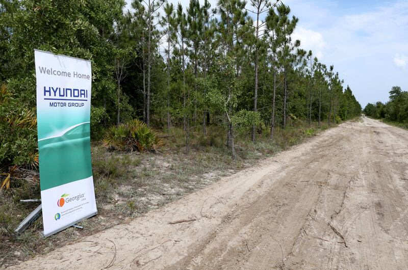A banner welcoming Hyundai Motor Group to its future home at the Bryan County mega-site in Ellabell, Georgia. AP