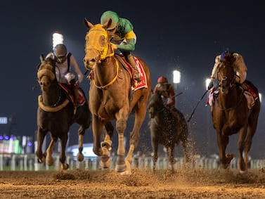 DUBAI, UNITED ARAB EMIRATES - MARCH 25: Yuga Kawada riding Ushba Tesoro wins the Dubai World Cup at Meydan Racecourse on March 25, 2023 in Dubai, United Arab Emirates. (Photo by Christopher Pike / Getty Images)