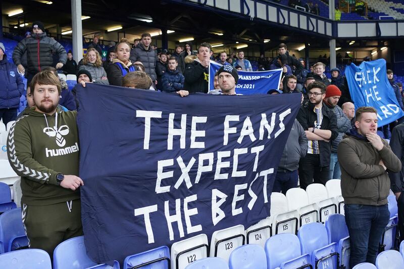 Fans protest against the Everton board at Goodison Park. AP