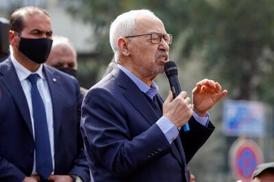 Parliament Speaker Rached Ghannouchi, head of the moderate Islamist Ennahda, speaks to supporters during a rally in opposition to President Kais Saied, in Tunis, Tunisia February 27, 2021. REUTERS/Zoubeir Souissi