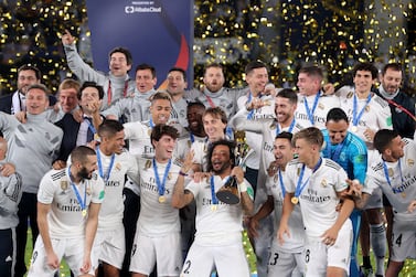 Abu Dhabi, United Arab Emirates - December 22, 2018: Real Madrid celebrate winning the cup after the match between Real Madrid and Al Ain at the Fifa Club World Cup final. Saturday the 22nd of December 2018 at the Zayed Sports City Stadium, Abu Dhabi. Chris Whiteoak / The National