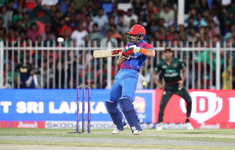 Afghanistan's Ibrahim Zadran plays a shot on his way to an unbeaten 42.