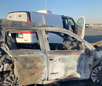 Three people of Asian descent died after their car caught fire following the smash. Courtesy: Dubai Police