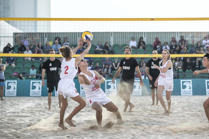 ABU DHABI, UNITED ARAB EMIRATES. 16 MARCH 2019. Special Olympics action at The Corniche. Beach Volleyball, Uruguy vs Serbia. (Photo: Antonie Robertson/The National) Journalist: None: National.