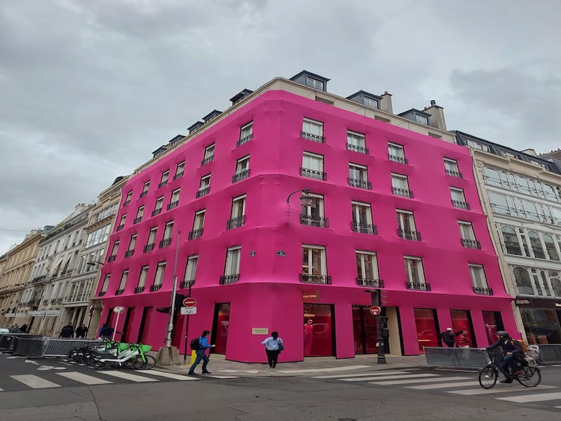 The Valentino store on Rue Saint-Honore in Paris has been wrapped in pink to celebrate the Pink PP collection.