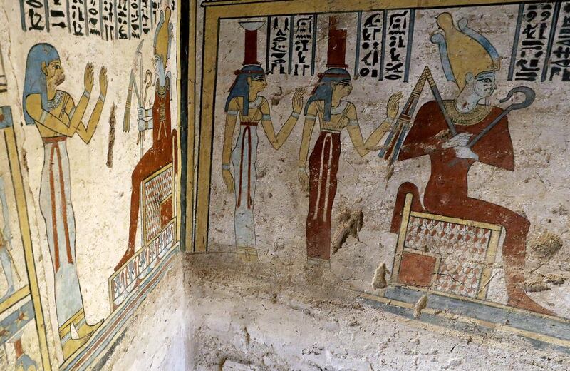 Preserved wall paintings inside the newly discovered burial site, Tomb of Tutu, at al-Dayabat, Sohag, Egypt April 5, 2019. REUTERS/Mohamed Abd El Ghany