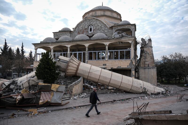 An earthquake-damaged mosque in Hatay, Turkey. Getty