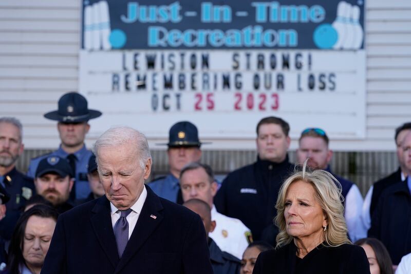 President Joe Biden, with first lady Jill Biden, speaks in Lewiston, Maine, about the mass shootings last week. AP
