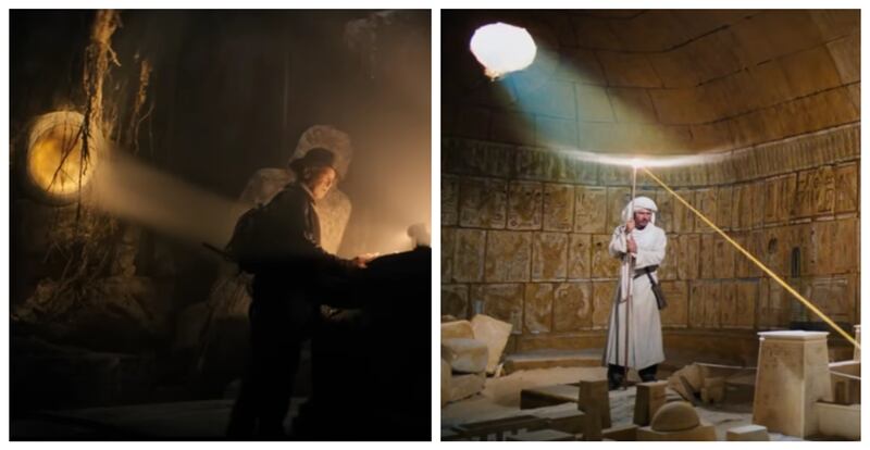 The professor-turned-treasure hunter surveys the power of the Dial of Destiny, left, in a scene that mirrors the map room in Raiders of the Lost Ark