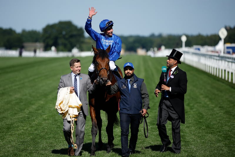 William Buick celebrates on Coroebus after winning The St James’s Palace Stakes at Royal Ascot. Reuters