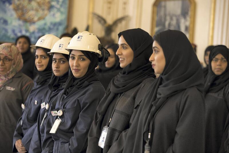 ABU DHABI, UNITED ARAB EMIRATES - August 28, 2017: Women leaders from UAE government delegations on the occasion of Emirati Women's Day attend a Sea Palace barza.

( Mohamed Al Hammadi / Crown Prince Court - Abu Dhabi )
---