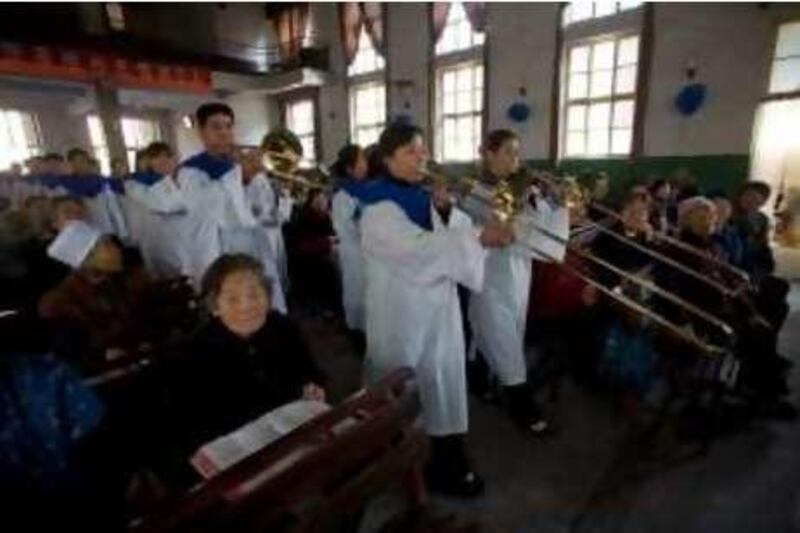 A Band plays at the beginning of a Christian church service in Pucheng, Shanxi.  *** Local Caption ***  nbbIMG_3894.JPG