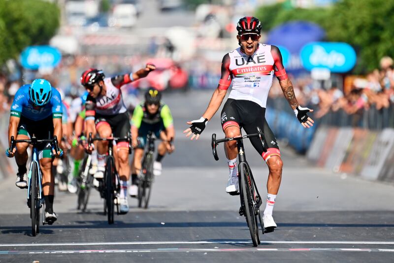 UAE Team Emirates rider Juan Sebastian Molano celebrates after winning Stage 1 of the Giro di Sicilia on Tuesday, September 28. AP