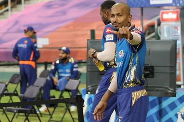 Hardik Pandya of Mumbai Indians during match 48 of season 13 of the Dream 11 Indian Premier League (IPL) between the Mumbai Indians and the Royal Challengers Bangalore at the Sheikh Zayed Stadium, Abu Dhabi in the United Arab Emirates on the 28th October 2020. Photo by: Rahul Goyal / Sportzpics for BCCI