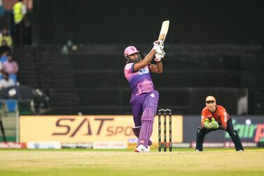 Kieron Pollard smacked a seven-ball 26 not out to lead New York Strikers to beat Delhi Bulls by seven wickets in the Abu Dhabi T10 at Zayed Cricket Stadium on Thursday, December 1, 2022. Photo: T20