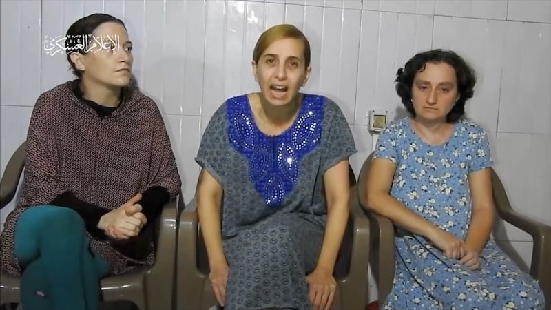 Image grab from a video released by Hamas shows three Israeli women held hostage in Gaza. AP 