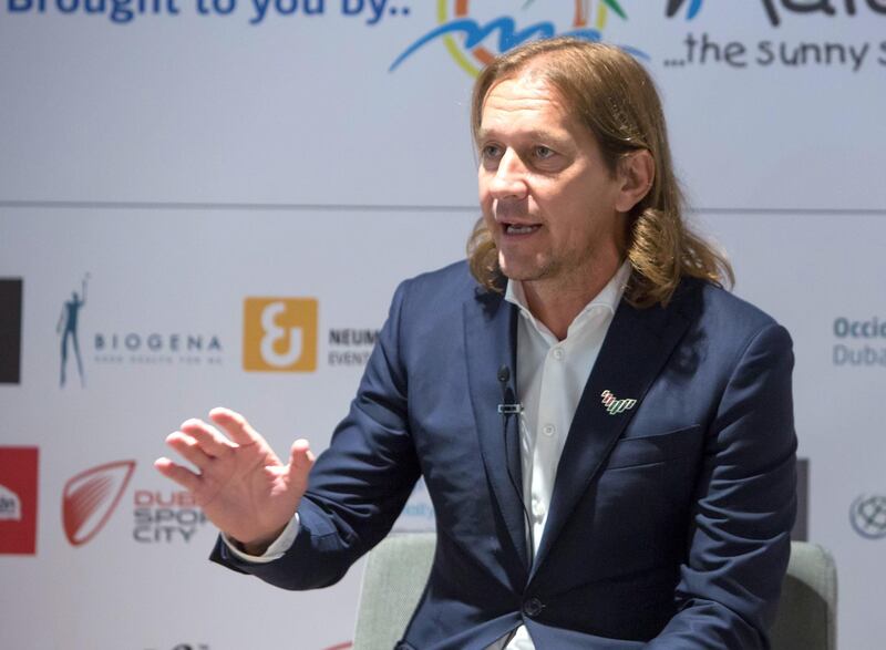 Dubai, United Arab Emirates - Michel Salgado speaking at the Manchester United goalkeeper press conference at the Government of Dubai Media Office.  Leslie Pableo for The National