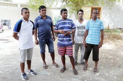 RAK , UNITED ARAB EMIRATES, September 5 – 2018 :- Left to Right –Imam Rafiq , Rasel Mia , Rafiq Ul Islam , Mooti Rehman and Robin Abdul employees of the Ice Land Water Park during the interview at their accommodation in Ras Al Khaimah. ( Pawan Singh / The National )  For News.  Story by Ruba Haza