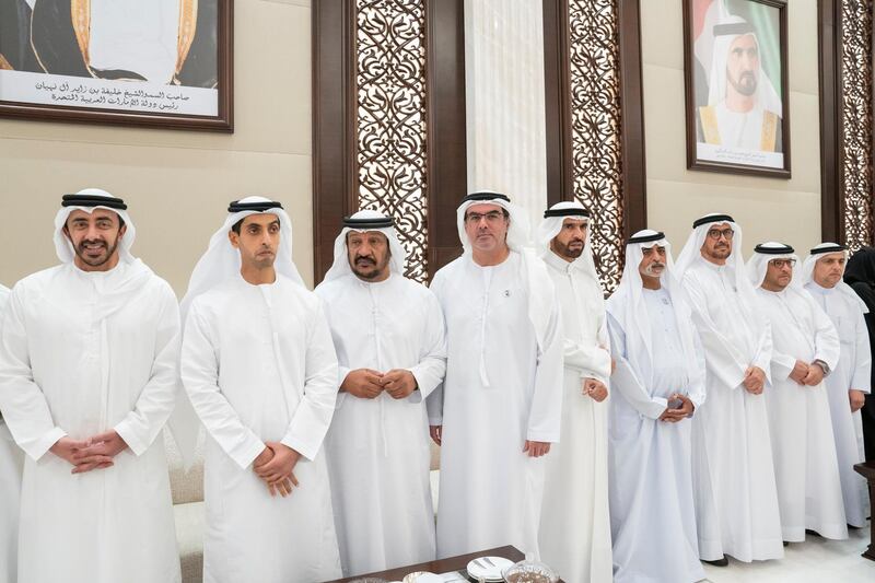 ABU DHABI, UNITED ARAB EMIRATES - May 27, 2019: (L-R) HH Sheikh Abdullah bin Zayed Al Nahyan UAE Minister of Foreign Affairs and International Cooperation, HH Sheikh Khaled bin Zayed Al Nahyan, Chairman of the Board of Zayed Higher Organization for Humanitarian Care and Special Needs (ZHO), HH Sheikh Saeed bin Mohamed Al Nahyan, HH Sheikh Mohamed bin Khalifa Al Nahyan, Abu Dhabi Executive Council Member, HH Sheikh Faisal bin Saqr Al Qassimi, Chairman of the Ras Al Khaimah Finance Department and Chairman of the RAK Free Zone and HH Sheikh Nahyan bin Mubarak Al Nahyan, UAE Minister of State for Tolerance, attend an iftar reception at Al Bateen Palace.

( Mohamed Al Hammadi / Ministry of Presidential Affairs )
---