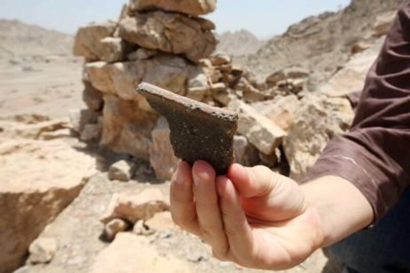 
RAK, UNITED ARAB EMIRATES – May 11, 2011: One of the piece of pottery in Al Haqeel wadi pottery valley in Ras Al Khaimah. (Pawan Singh / The National) For News. Story by Rym
