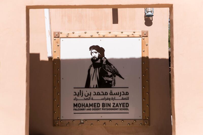 ABU DHABI, UNITED ARAB EMIRATES - DEC 6, 2017

MBZ Falconry and Desert Physiognomy School signage at the Telal Resort, where the fourth International Festival of Falconry is happening.

The gathering this year is a tribute to a similar meeting 41 years ago, in 1976, when the UAE Founding Father Sheikh Zayed invited falconers from around the world to convene in the desert of Abu Dhabi and build a strategy for the sport’s development.

(Photo by Reem Mohammed/The National)

Reporter: Anna Zacharias
Section: NA