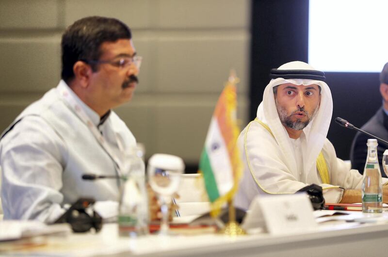 ABU DHABI ,  UNITED ARAB EMIRATES , SEPTEMBER 10 – 2019 :- Left to Right - Dharmendra Debendra Pradhan,  Minister of Petroleum & Natural Gas and Minister of Steel , India and Suhail Mohammed Al Mazroui,  minister of energy , United Arab Emirates during the Asian Ministerial Energy Roundtable held at the World Energy Congress held at ADNEC in Abu Dhabi. ( Pawan Singh / The National ) For Business. Story by Fareed
