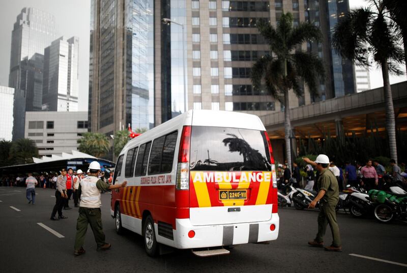 An ambulance arrives at the Indonesian Stock Exchange building following reports of a collapsed structure inside the building in Jakarta, Indonesia on January 15, 2018. Darren Whiteside / Reuters