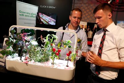 epa06176771 An exhibitor (R) explains to a visitor a model of smart indoor garden, where the growing plants are automatically provided with light, water and nutrients, in one of the stands at the 'Internationale Funkaustellung Berlin' (IFA), an international consumer electronics fair, in Berlin, Germany, 01 September 2017. The IFA is the world's leading trade show for consumer electronics and home appliances and is open for the general public from 01 to 06 September. The fair presents over 1,800 exhibitors from more than 50 countries and expects over 200,000 visitors for this year.  EPA/FELIPE TRUEBA