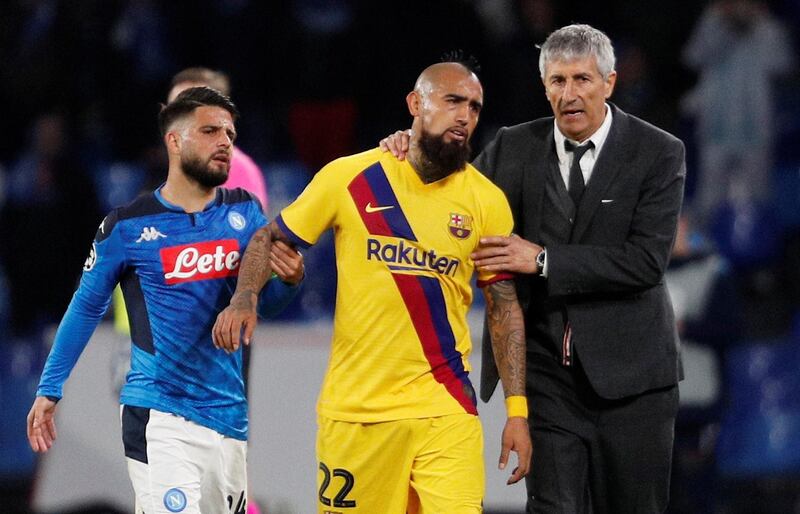 Barcelona's Arturo Vidal looks dejected as he leaves the pitch. Reuters