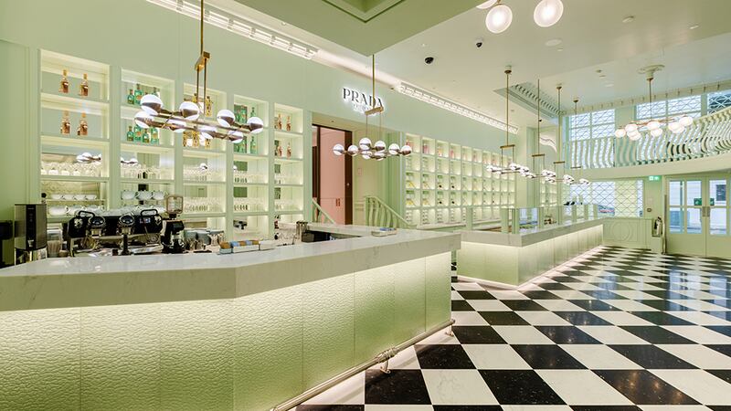The distinctive interior of the new Prada cafe in Harrods, London. Photo: Prada