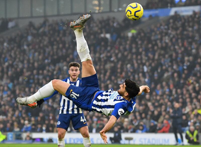 Brighton & Hove Albion's Alireza Jahanbakhsh scores against Chelsea on Wednesday. Reuters