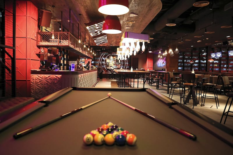 
DUBAI, UNITED ARAB EMIRATES , September 27 – 2020 :- View of the pool table at the Brass Monkey, new dining and entertainment destination on the Bluewaters Island in Dubai.  (Pawan Singh / The National) For Lifestyle/Online/Instagram. Story by Janice Rodrigues 
