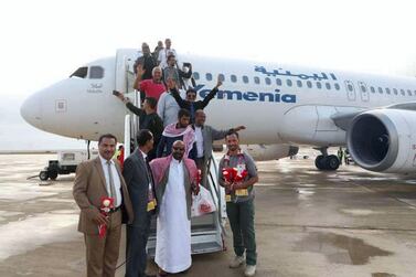 The first flight landed at Mukalla’s renovated airport on Wednesday. Abdullah Bukair /Hadramout governor’s office  