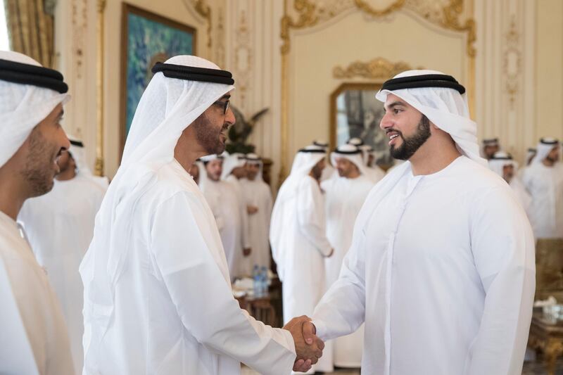 ABU DHABI, UNITED ARAB EMIRATES - July 24, 2017: HH Sheikh Mohamed bin Zayed Al Nahyan, Crown Prince of Abu Dhabi and Deputy Supreme Commander of the UAE Armed Forces (center L), receives a representative from the UAE Space Agency,  during a Sea Palace barza. 
( Ryan Carter / Crown Prince Court - Abu Dhabi )
---