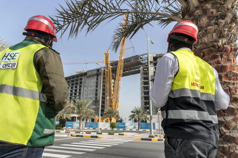 DUBAI, UNITED ARAB EMIRATES. 18 JANUARY 2021. A first for Ras Al Khaimah, an engineering marvel and a milestone in the construction of the Mövenpick Resort Al Marjan Island as a structual bridge is put in place between the hotel structures. (Photo: Antonie Robertson/The National) Journalist: Kelly Clarke. Section: National.