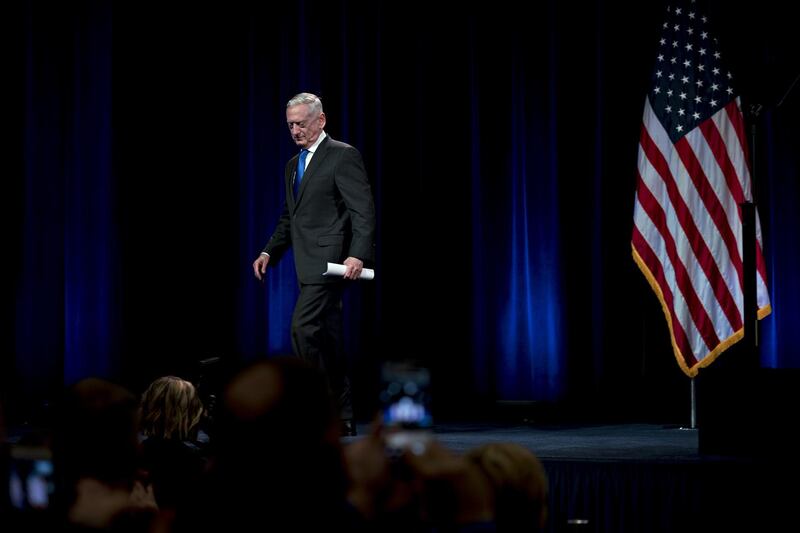 FILE: Jim Mattis, U.S. secretary of defense, walks off stage after introducing U.S. Vice President Mike Pence, not pictured, during an event at the Pentagon in Washington, D.C., U.S., on Thursday, Aug. 9, 2018. Defense Secretary Jim Mattis announced his resignation on Thursday, citing differences over policy with Donald Trump, a day after the president abruptly called for the withdrawal of American forces from Syria. Trump’s cabinet and cabinet-level positions have seen far more resignations and dismissals than other recent administrations. Our gallery pulls together Trump's top White House aides that have departed or announced their departure, Bannon, Bossert, Cohn, Flynn, Hicks, Manigault, Mcfarland, McGahn, McMaster, Powell, Priebus, Scaramucci, Short, Spicer, Sessions, Kelly and Mattis. Photographer: Andrew Harrer/Bloomberg