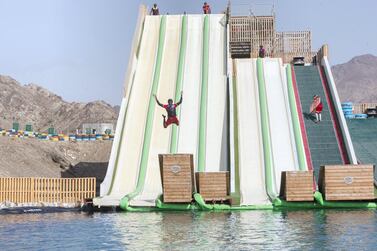 Hatta, United Arab Emirates - The newly opened dropin slide at Hatta Wadi Hub, Hatta, Dubai. Leslie Pableo for The National