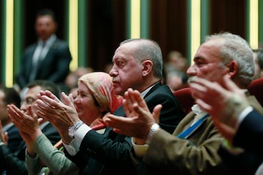 Turkey's President Recep Tayyip Erdogan at an event in Ankara. Presidential Press Service via AP 