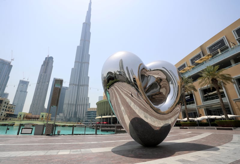 Heart-shaped artwork in Downtown Dubai. 'Love Me' by sculptor Richard Hudson. 