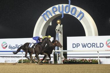 William Buick guides Rebel's Romance to victory in the UAE 2000 Guineas Trial at Meydan Racecourse in Dubai. Chris Whiteoak / The National