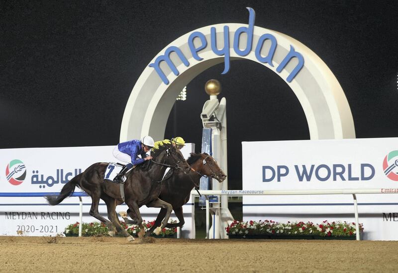 Dubai, United Arab Emirates - Reporter: Amith Passela. Sport. Horse Racing. Number 7 Rebel's Romance ridden by William Buick wins the UAE 2000 Guineas Trial at the Dubai World Cup Carnival Week 2. Dubai. Thursday, January 14th, 2021. Chris Whiteoak / The National